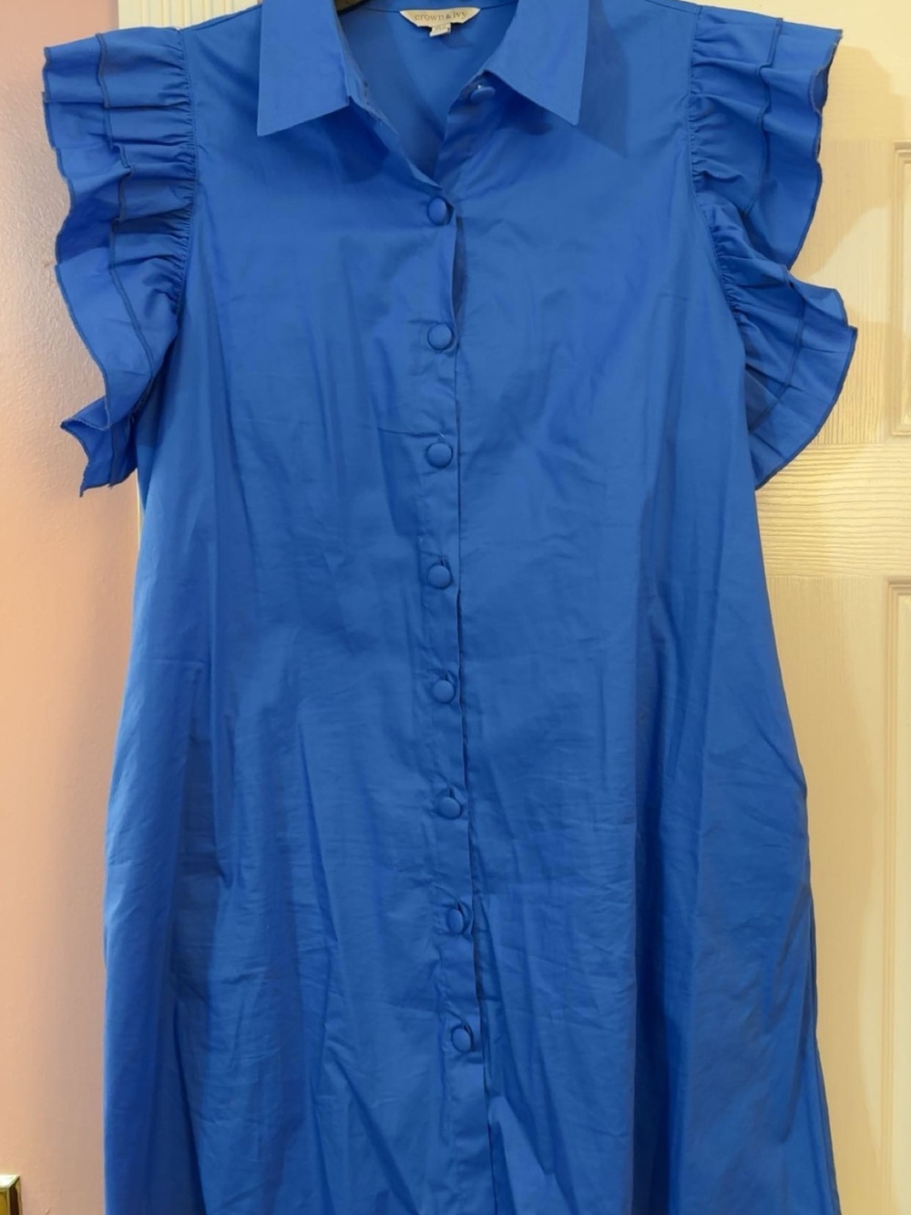 crown & ivy Royal Blue Ruffle Sleeve Button-Front Dress